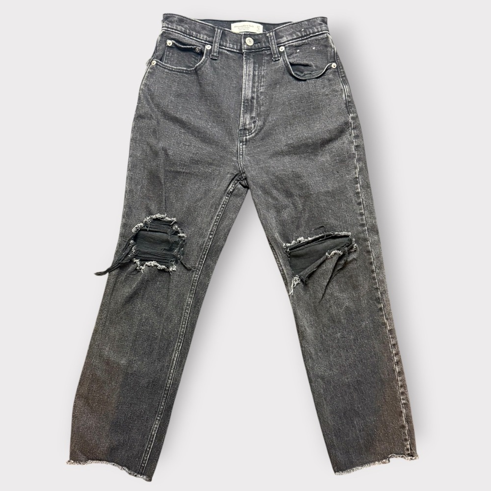 Abercrombie & Fitch Ankle Straight Ultra High Rise Distressed Black Jeans 27/4S